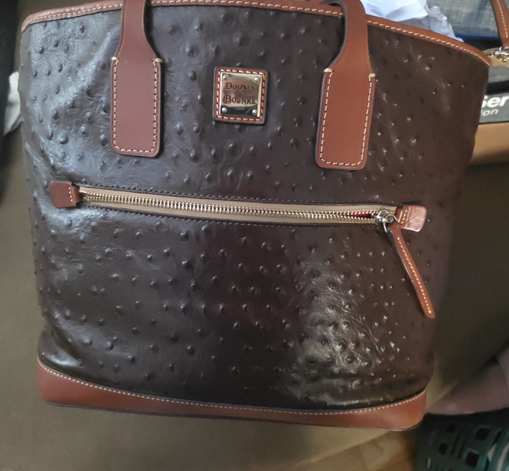 Dooney & Bourke Brown Ostrich-Embossed Leather Tote with Tan Trim